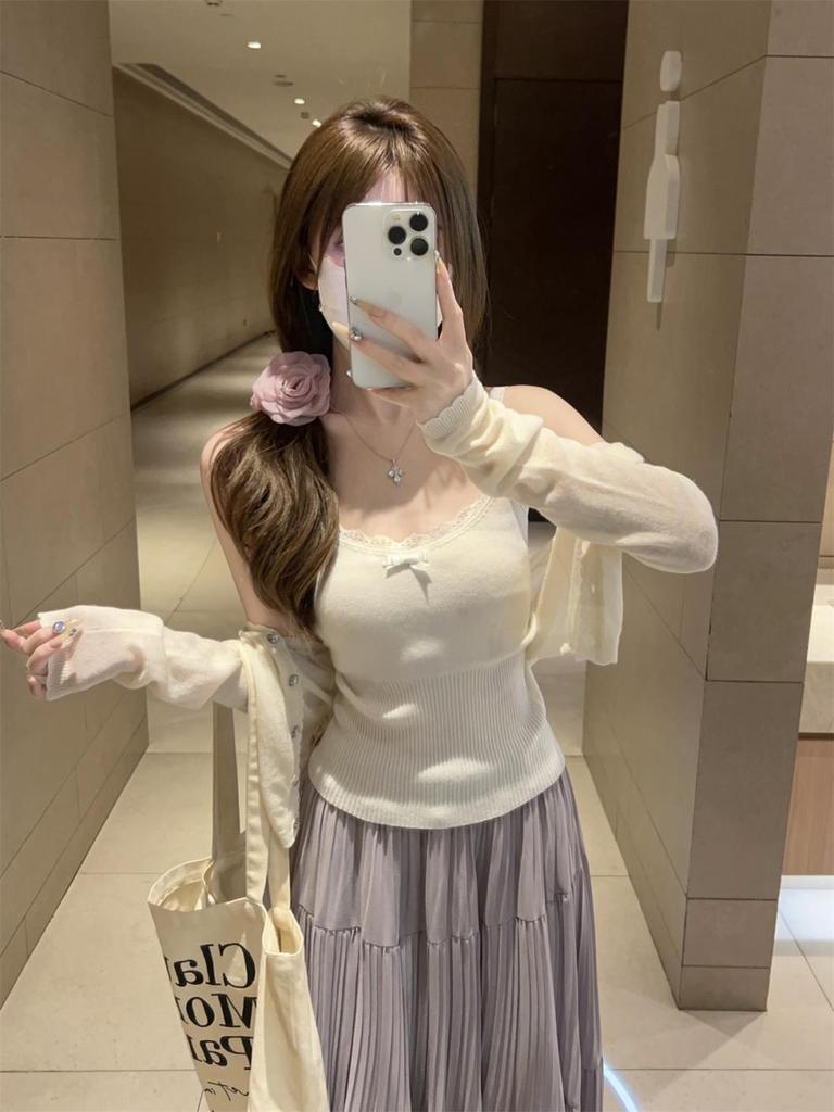 Korean Style Summer Sweet Bow Lace Trim Wool-Blend Knit Camisole Vest