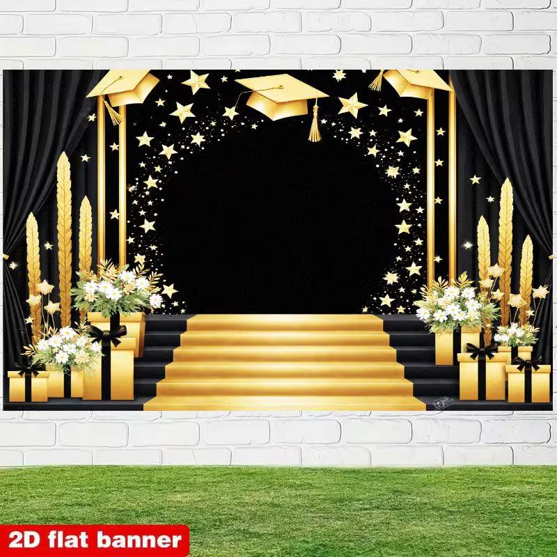 

2D Black Gold Graduation Backdrop, Grad Cap & Star Stage Background 47.2x31.5inch/120*80cm