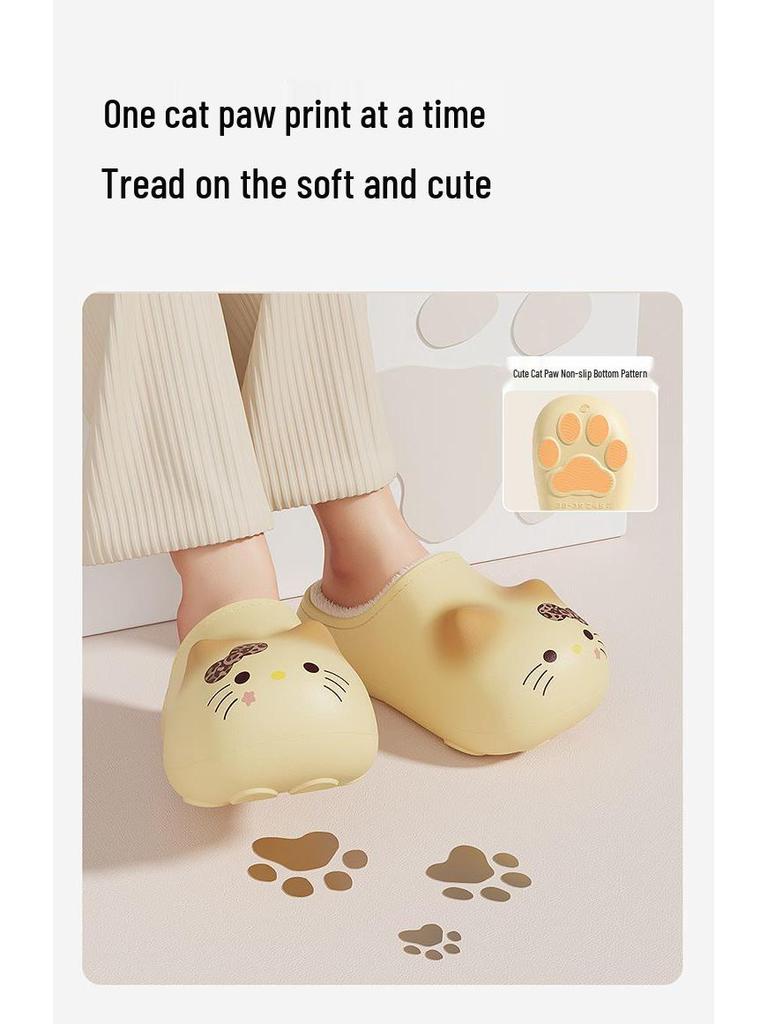 Waterproof Anti-slip Kitten Backless Cotton Slippers with Thick Plush Sole and Cartoon Design for Girls and Kids - New 2025 Style