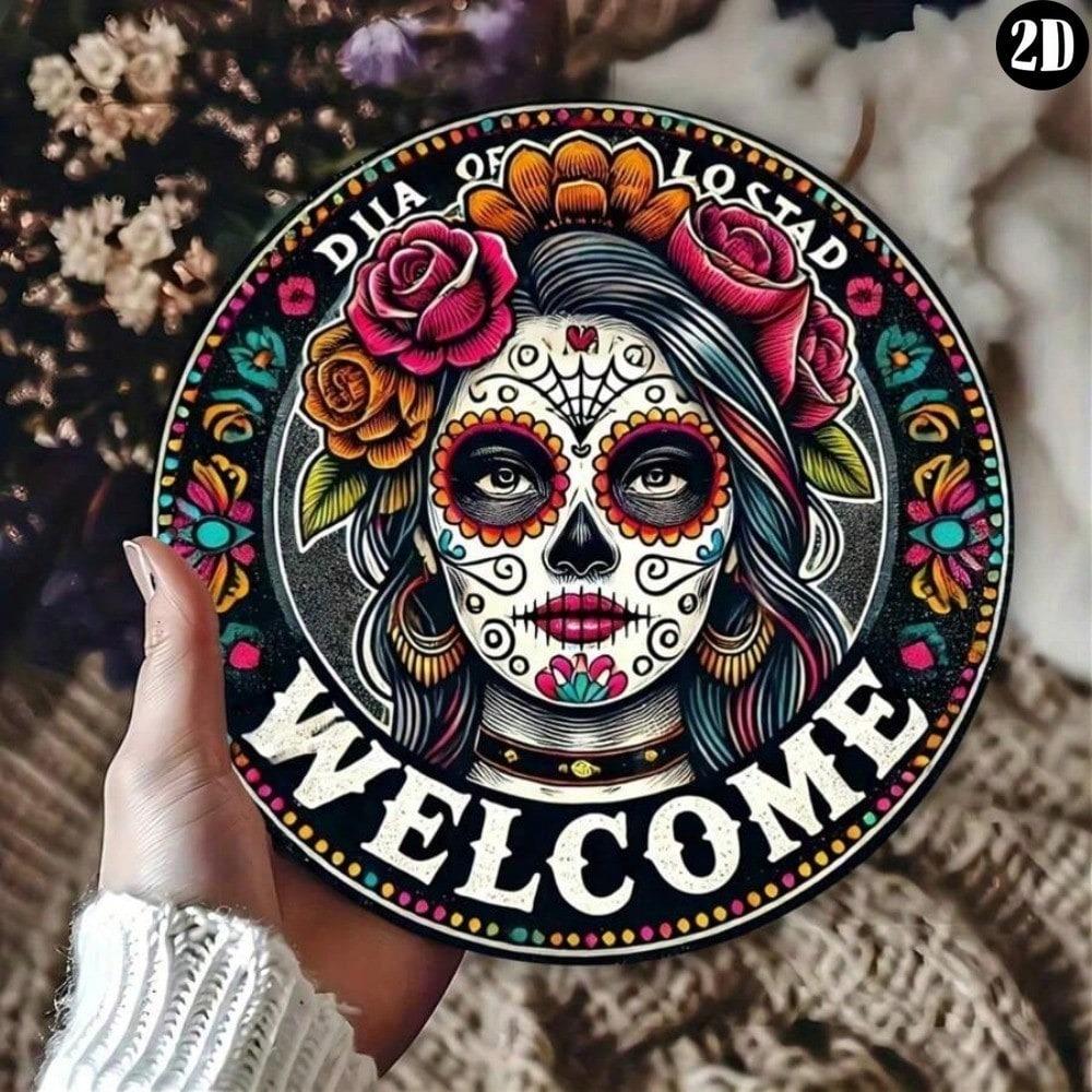 Vintage Tin Metal Art Decor Sugar Skull Wreath Sign Home Outdoor Wall Hanging