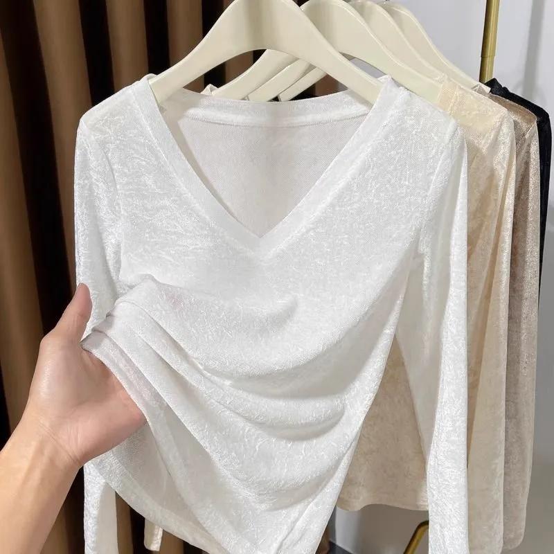 Женская блестящая жаккардовая блузка с V-образным вырезом и длинным рукавом, эластичная, приталенная, многоцветная, повседневная S