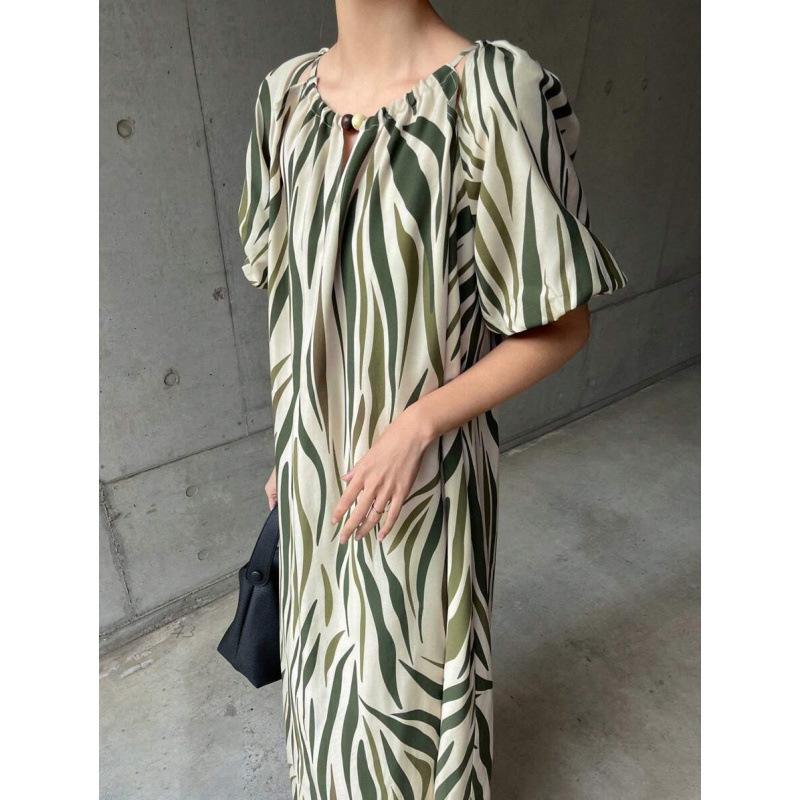 European summer new bohemian style vacation striped round neck short sleeve long dress women S