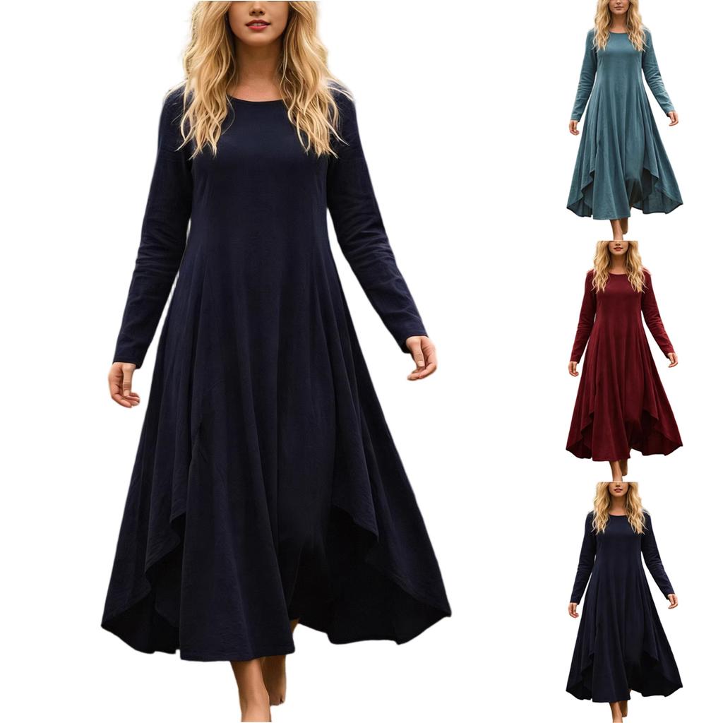 Women's Fashion Color R-neck Long Sleeve Dress