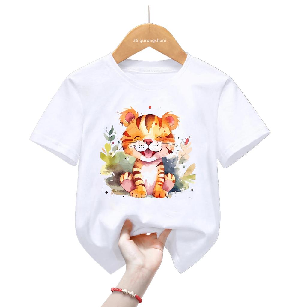 Kids Yellow Short Sleeve T Shirt Watercolor Floral Baby Tiger Cub Print Crew Neck  Casual Summer Boys Girls Top