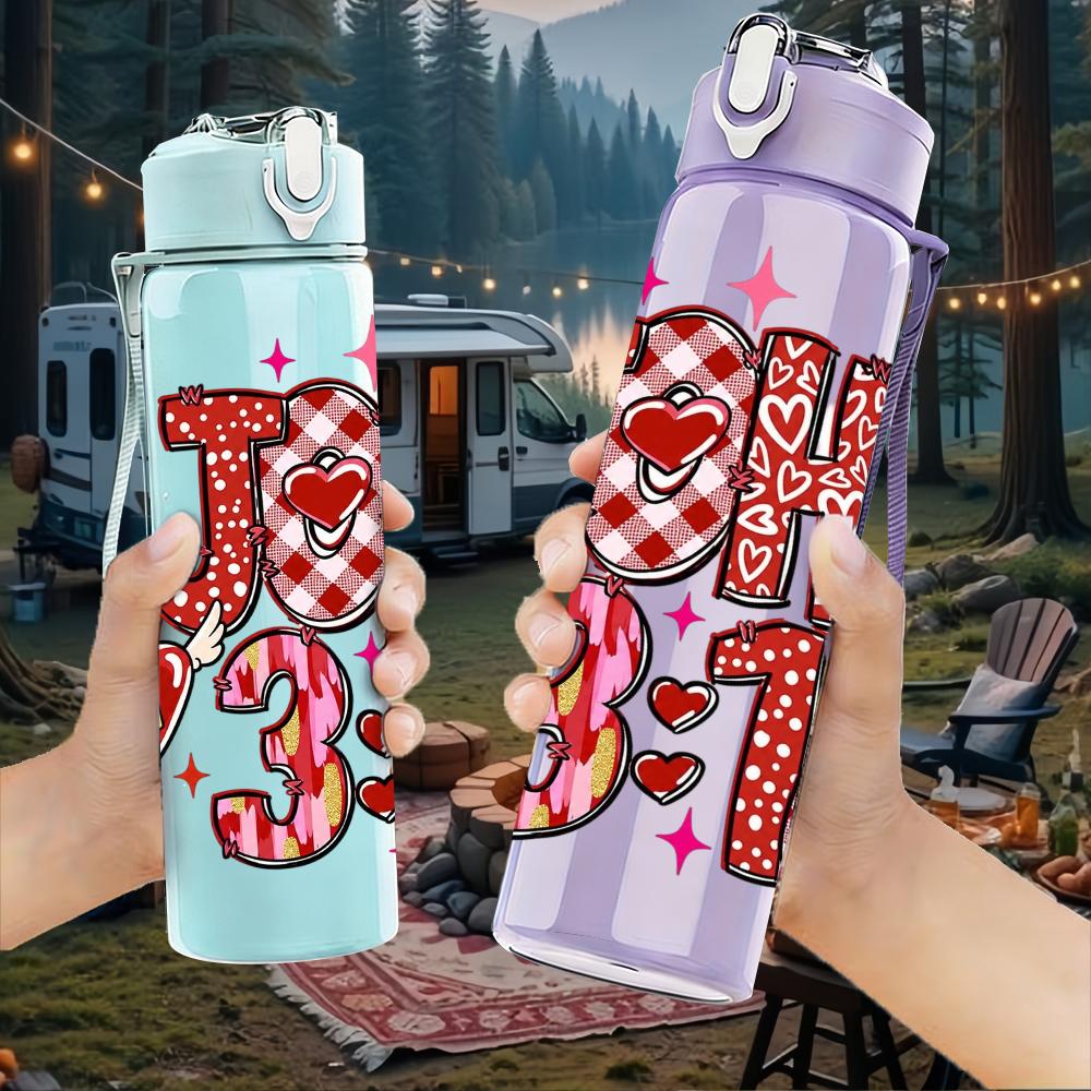1PC John 3 16 Heart Floral Letter Graphic,750ml Color Plastic Sports Water Bottle,Leakproof Flip Straw Lid,Suitable for Sports Office Home Use