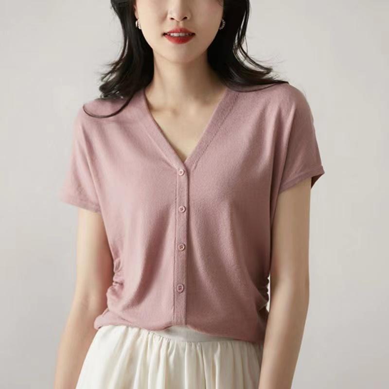 Women Sweaters Pullovers 2025 Summer Short Sleeve V-Neck Black White Knitted Sweater Women Tops Pullover JJ199