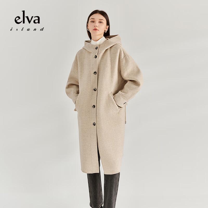 Elva' Island Women's Loose Hooded Mid-length Wool Blend Coat