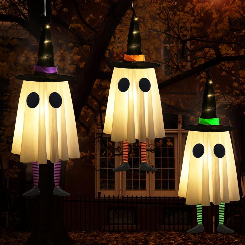 Set of 3 Halloween Hanging Ghosts, Halloween Decorations Outdoor with Witch Hat Lights Halloween Ghost Decor for Yard Patio Garden Tree Outside