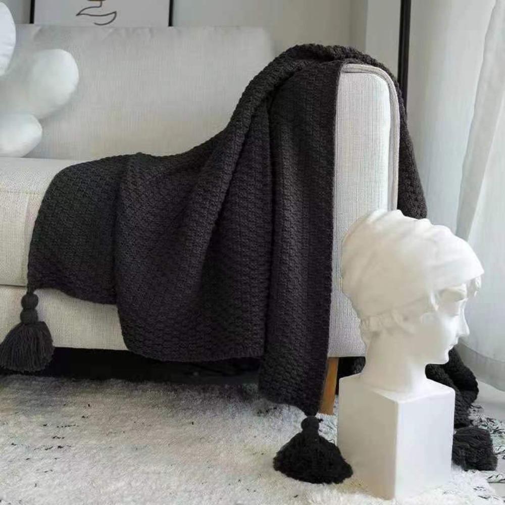 with Tassel Nordic Knitted Blanket Waffle Pattern Sofa Blanket Simple Nap Blanket  Air Condition
