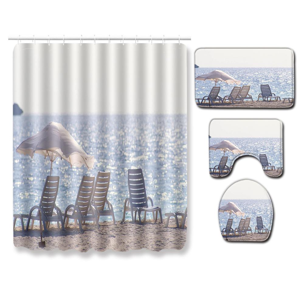 Beach Shower Curtain Floor Mat Combination Four-Piece Set Bathroom Toilet Carpet Shower Room Mat Foot Mat