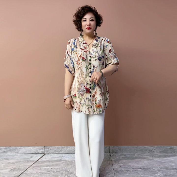 Summer Women's Floral Silk Shirt  Loose V-neck Plus-size Blouse