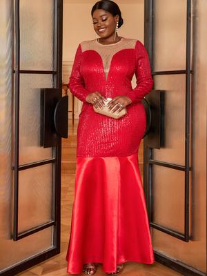 Pailletten-Maxi-Partykleid, Meerjungfrau, O-Ausschnitt, Netzkleid, langärmelig, schmal, für formelle Anlässe, Abendpartykleid