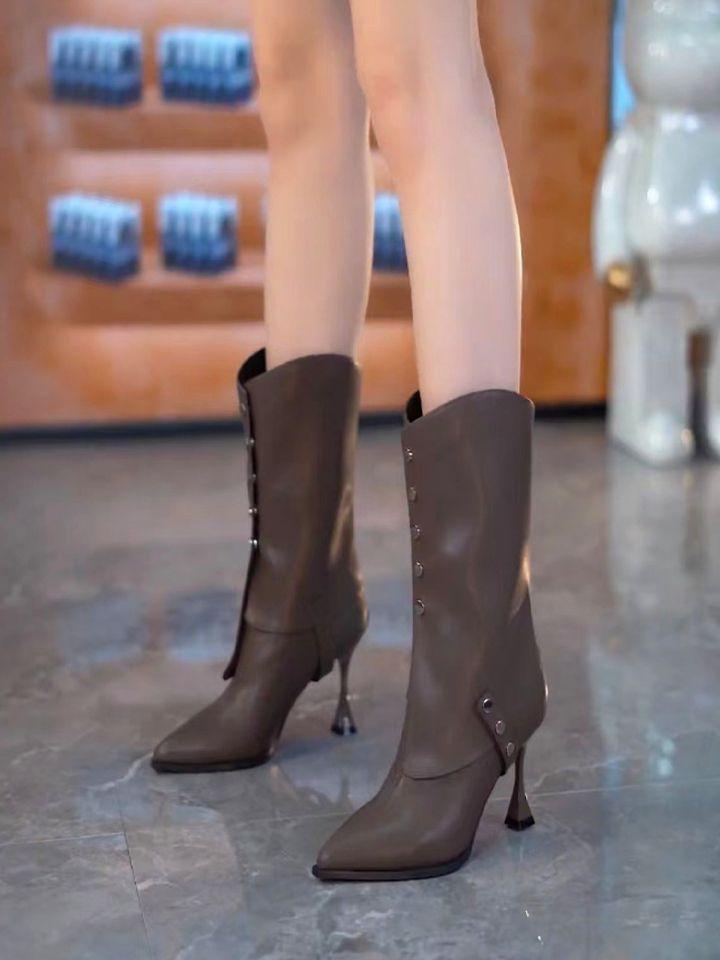 European and American Style Two Wear Pointed Rivets High Heel Medium Boots Women's 2025 Autumn and Winter New Fine Heel Fashion Martin Boots Women