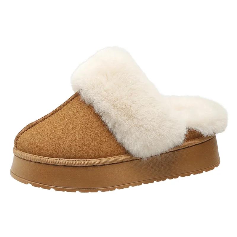 Fashion Women Thick Sole Faux Fur Slippers Winter Plush Warm Cotton Shoes Woman Indoor Outdoor Non Slip Fluffy Platform Slippers 2024