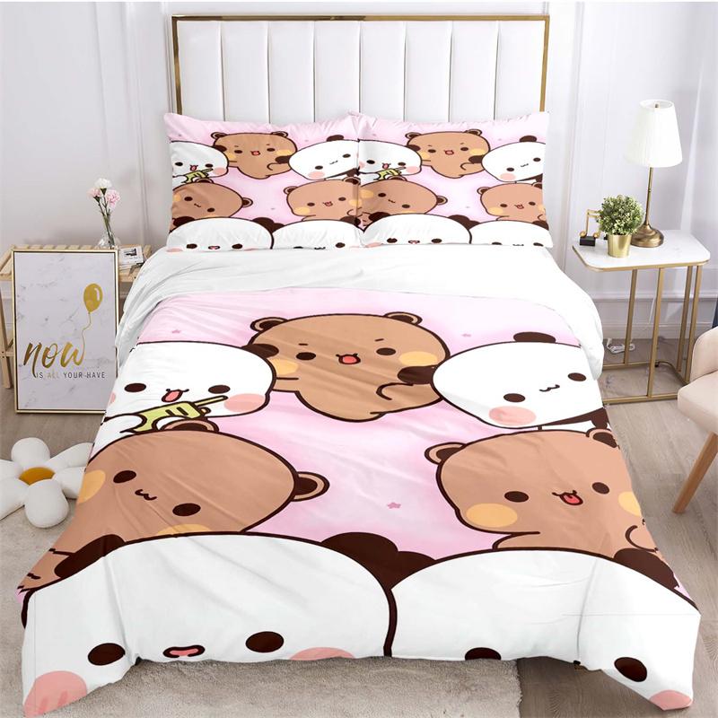 Bear and Bunny on Crescent Moon Print Bedding Set, Night Sky Starry Bed Linen(1 * duvet cover + 2 * pillowcase, without core)