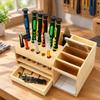 Multi-Section Wooden Tool Tray Designed for Mobile Repair Accessories Including Screwdrivers, Tweezers, and Pliers