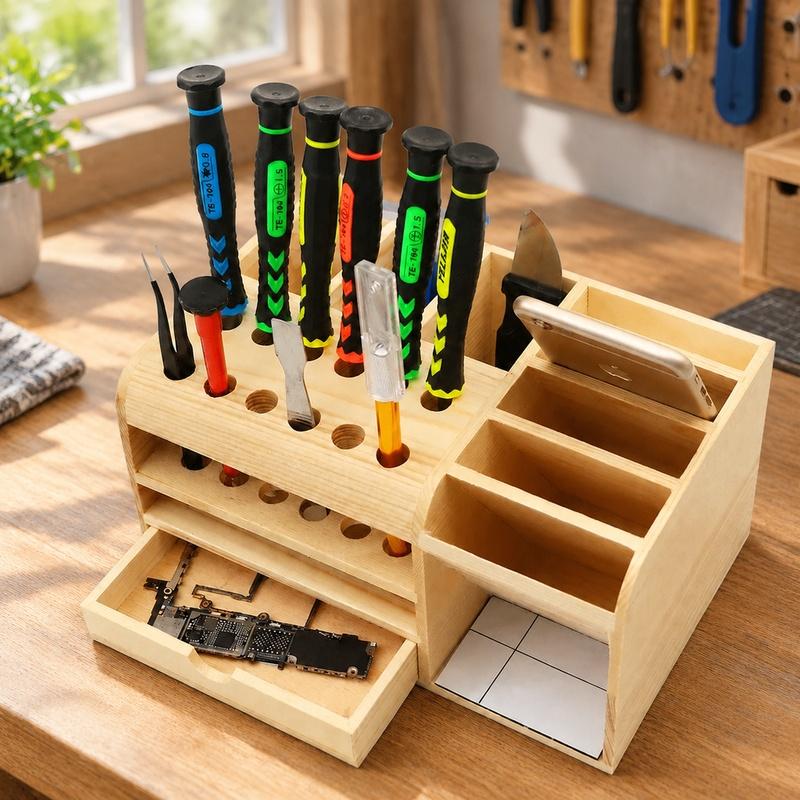Multi-Section Wooden Tool Tray Designed for Mobile Repair Accessories Including Screwdrivers, Tweezers, and Pliers