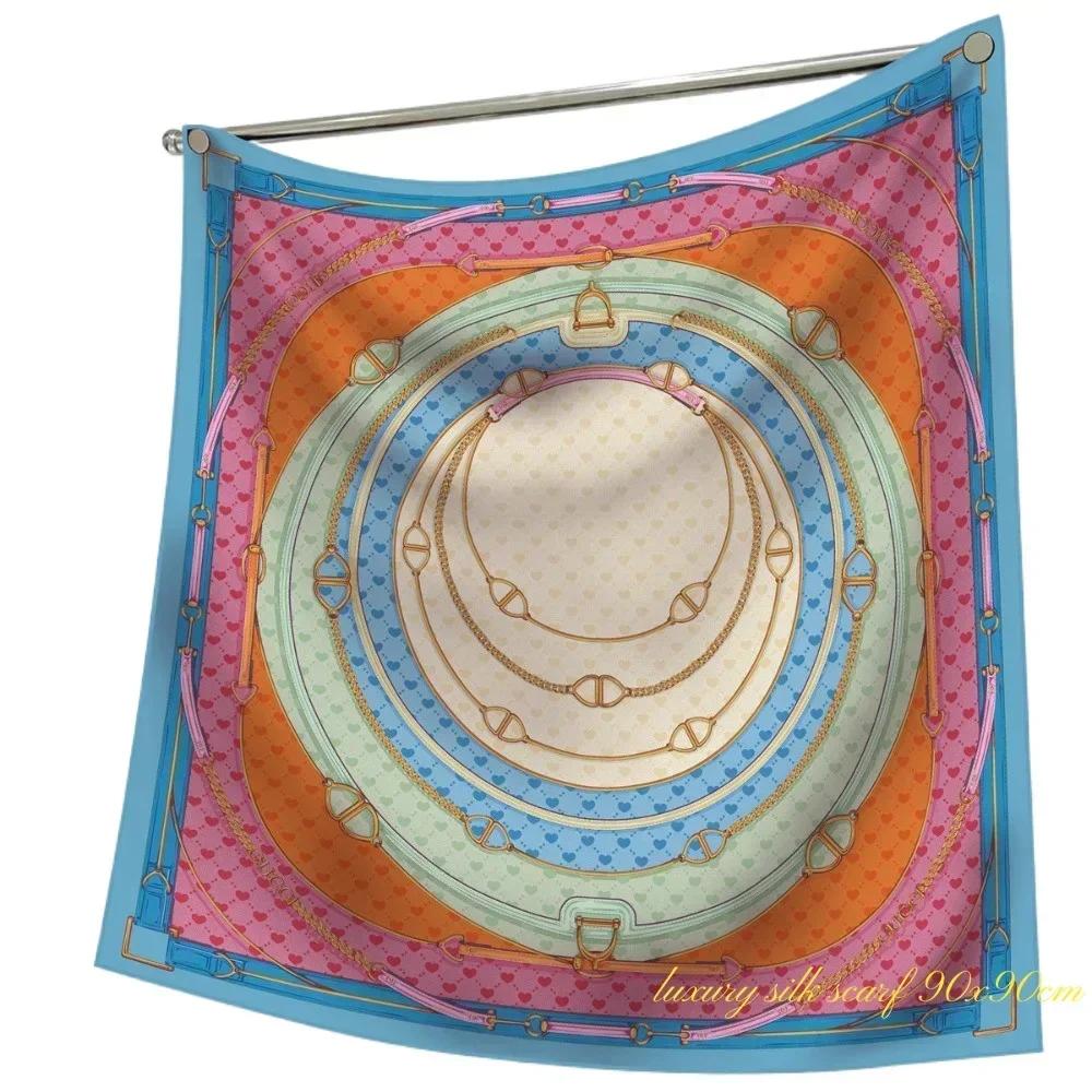1PC90Cm French Love Circle Belt Chain High Quality Twill Silk Shawl Sunscreen Large Square Scarf Decorative Scarf Wholesale