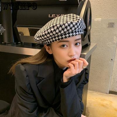 Herbst Winter Hahnentritt-Baskenmütze für Damen Lässiger britischer Flachhut Elegante Wolle ohne Traufe Malerhüte