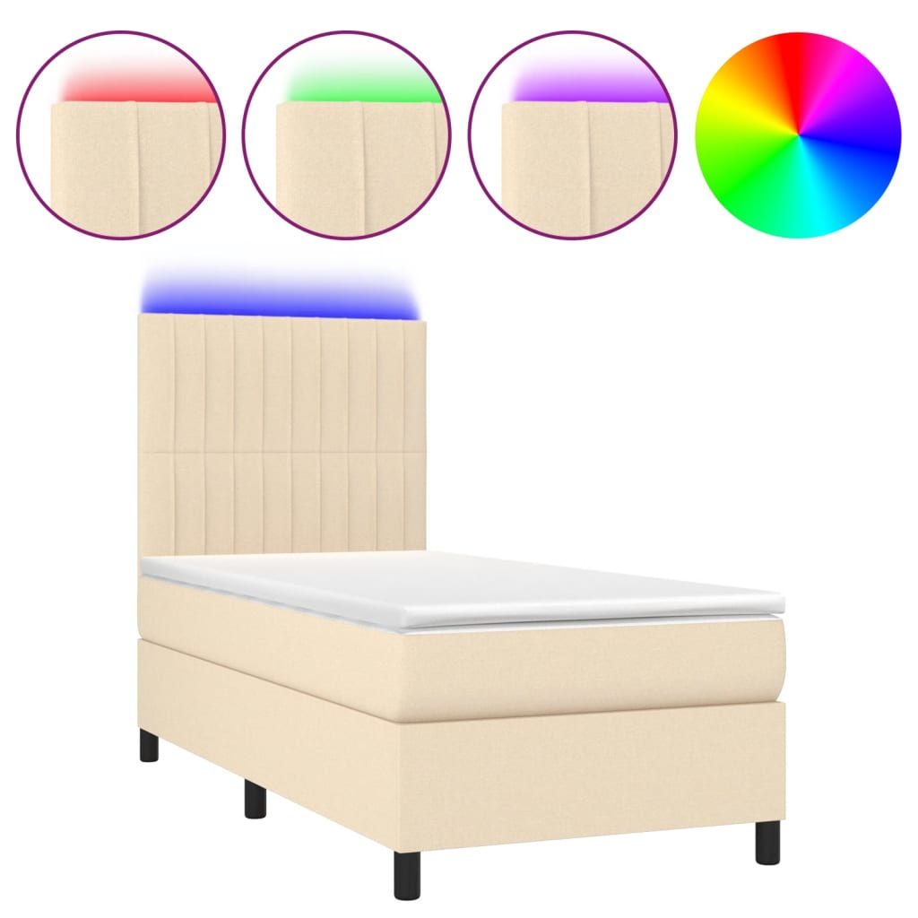 Box Spring Bed with Mattress & LED Cream 90x200 cm Fabric