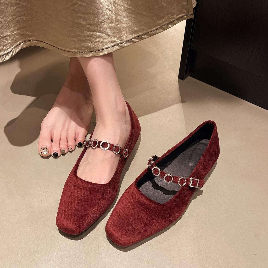 British style versatile square head thick heel with Mary Jane shoes Internet celebrity explosion suede low heel light mouth single shoes