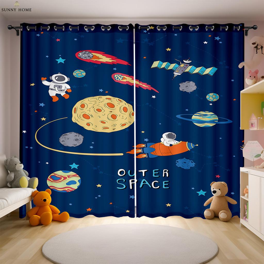 Dreamy Astronaut Cartoon Universe Printed Curtains Children's Room Window Curtains Easy To Wash And Care Home Decoration 2 PCS