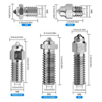 Bimetallic 3D Printer Nozzle HighTemperature Resist Wear Resistant For K1 Volcano/E3DV6/MK8/Neptune 0.4mm 0.6mm 0.8mm
