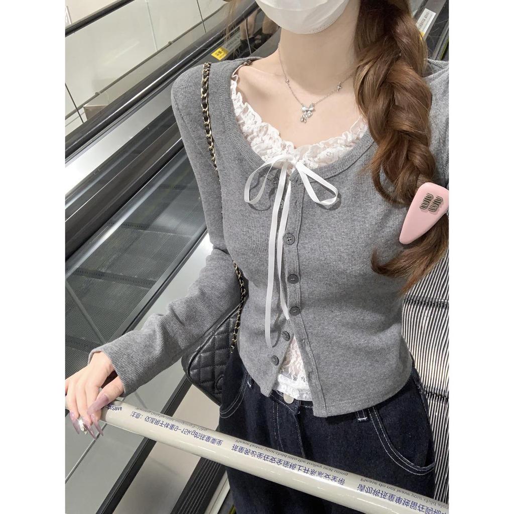 Lace Faux Two-Piece Long-Sleeve T-Shirt for Women - 2025 Spring Slim Style with Bow Detail