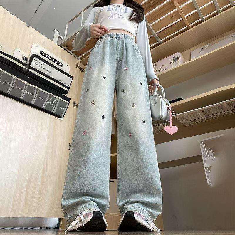2026 Plus Size Women's Star Embroidered Denim Wide Leg Pants - Slimming, High Waist, Elastic, Loose Fit, Comfortable