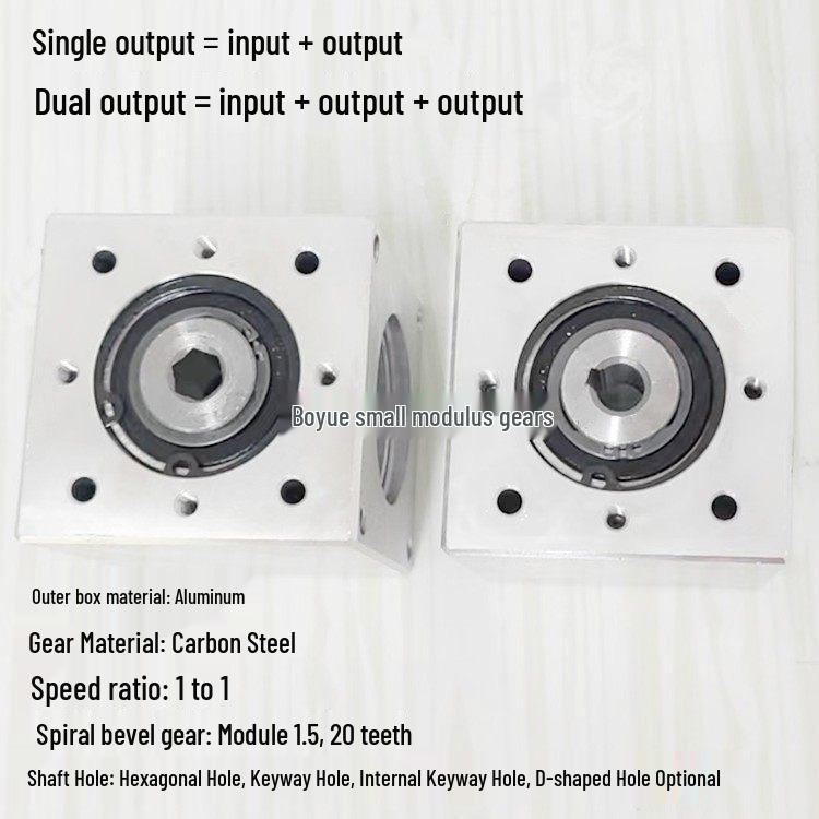 57x57 Small Bevel Gear 90° Right Angle Converter, 1:1 Gear Ratio, Hexagonal D-Hole Shaft Keyway