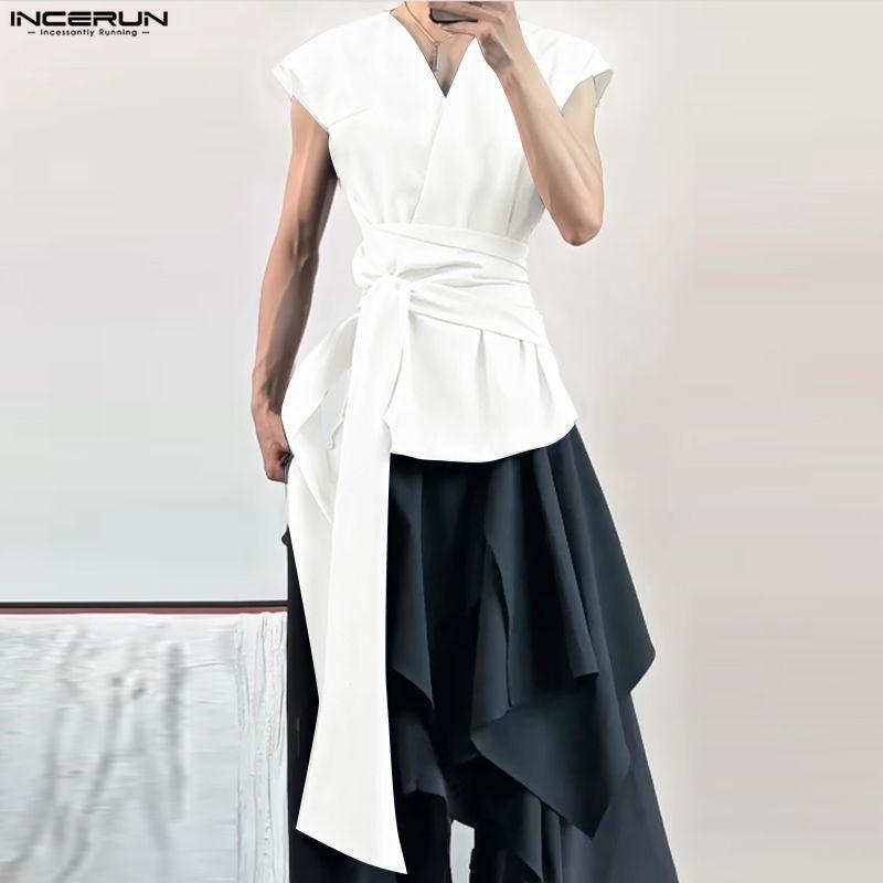 INCERUN Men Sleeveless Lapel Button Up Belt Ruffled Loose Casual Long Waistcoats