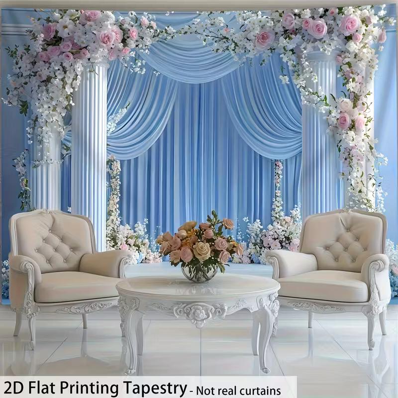 Blue Floral Wedding Tapestry, Curtain Column Background Cloth, Romantic Party Backdrop