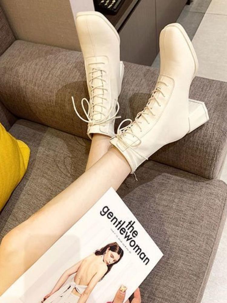 Fashion Elegant with Medium Heels Lace-up Women's Ankle Boots Square Toe Fleece-Lined Booties Autumn Winter Leather Female Short Shoes