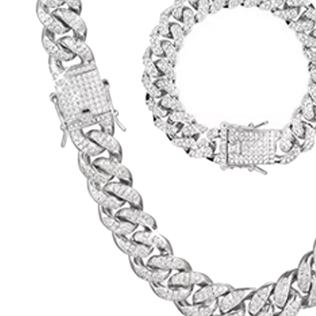 2 Stück Cuban Link Kette Strass Halskette Armband Set Geschenk für Liebhaber Jahrestag Geburtstag Silber 50CM 20CM