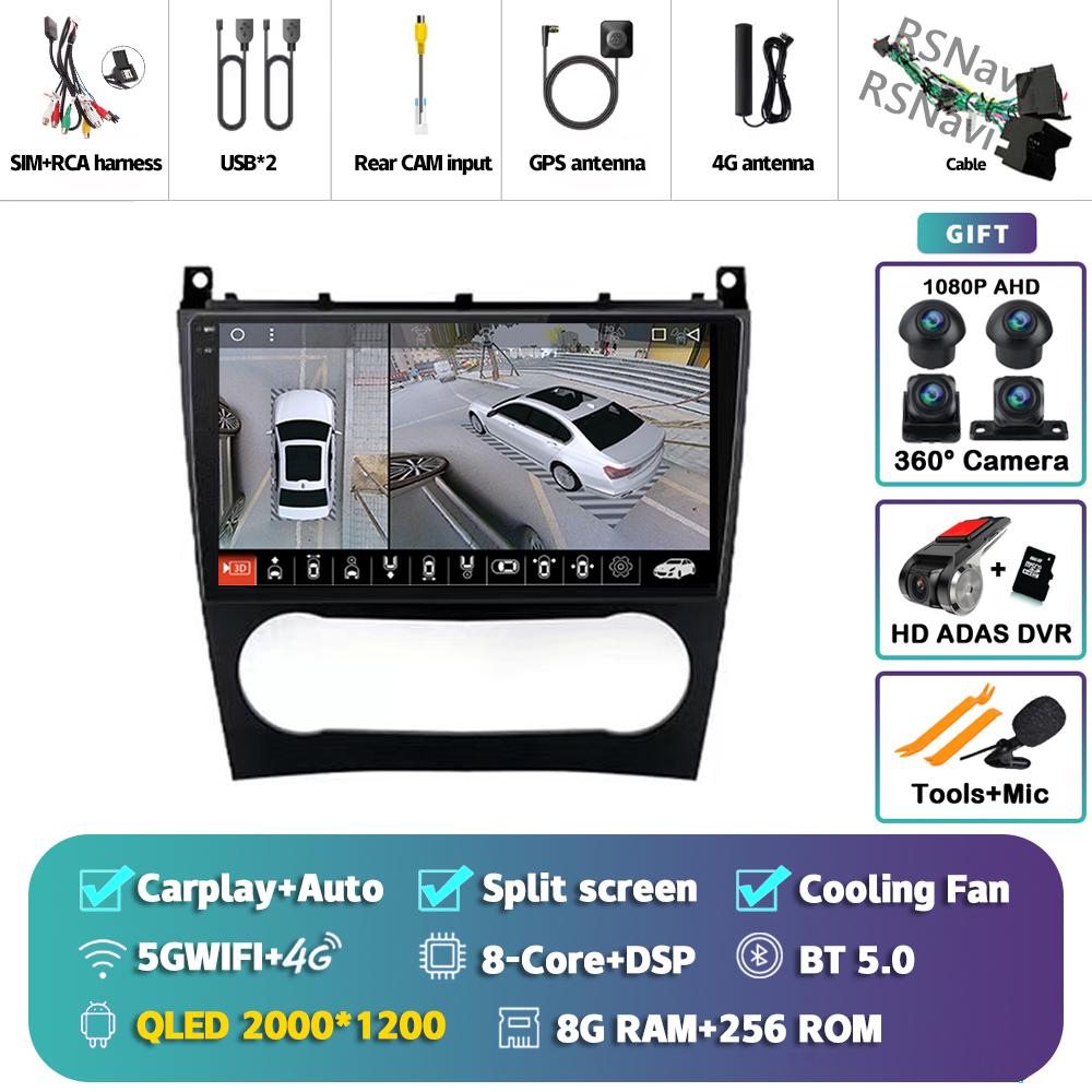 Android 14 Carplay Auto For Benz W203 Car Radio Player Multimedia Stereo Navigation 4G+WIFI AI Voice Head Unit DVD 360 Camera BT