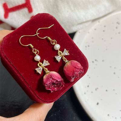 Gentle and Ethereal Design Earrings. Vintage Everlasting Rose Real Flower Earrings. Graceful and Elegant Girl's Earrings.