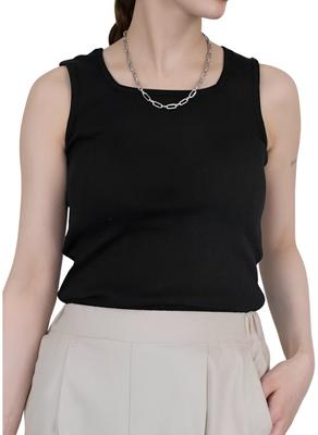 Emptio Geripptes Tanktop mit quadratischem BH-Träger und schmeichelhaft für lockere längere Hüfte Asiatisch Kein Hemd Schwarzer Damen-Halsausschnitt, Blickschutz, Verdeckung, Ärmellos,