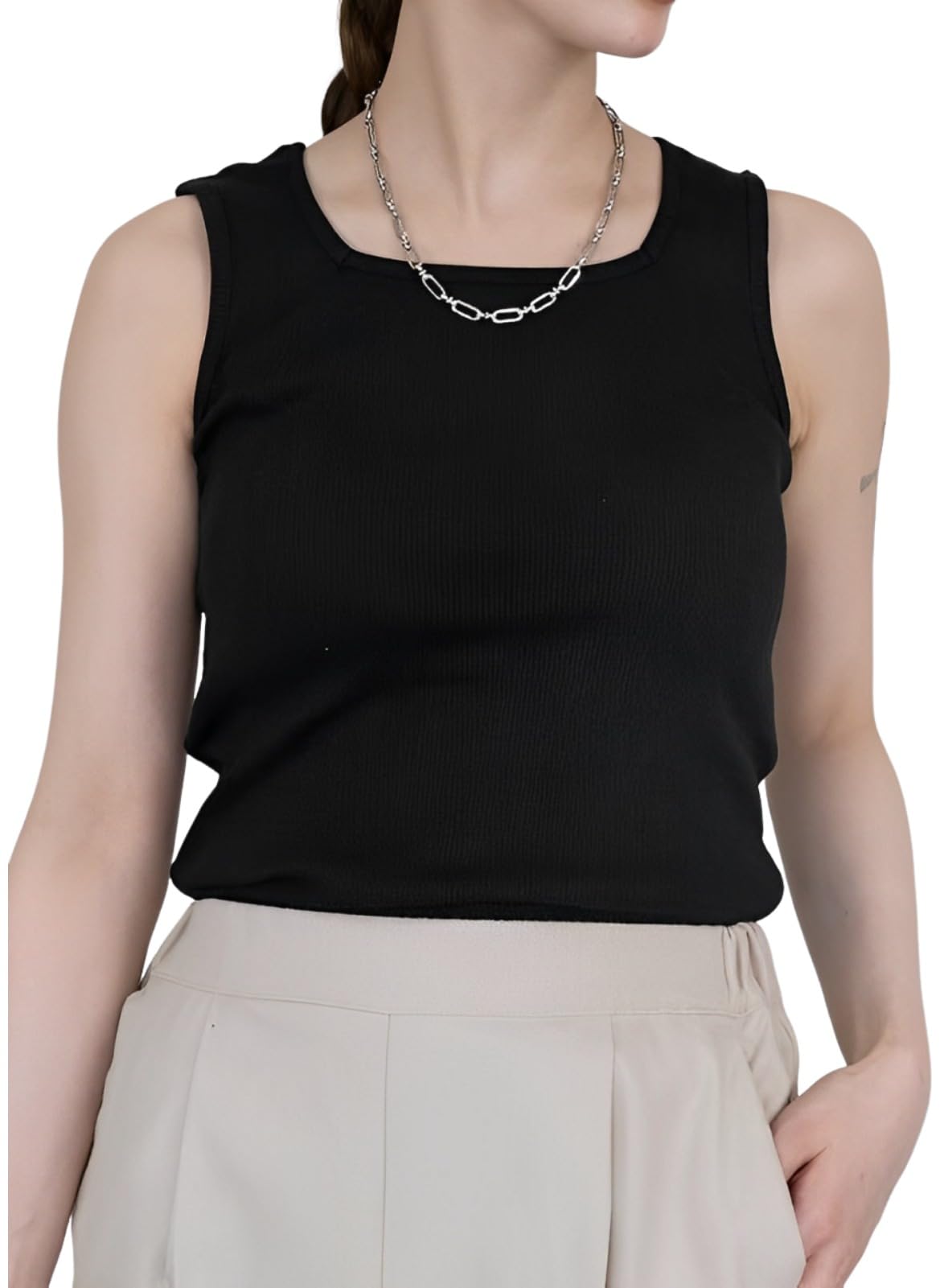 

Emptio Рубашка-майка в рубчик с квадратными бретелями и лестной посадкой на бедрах, азиатский стиль, без рукавов, черный женский вырез горловины, непрозрачный, скрывающий,