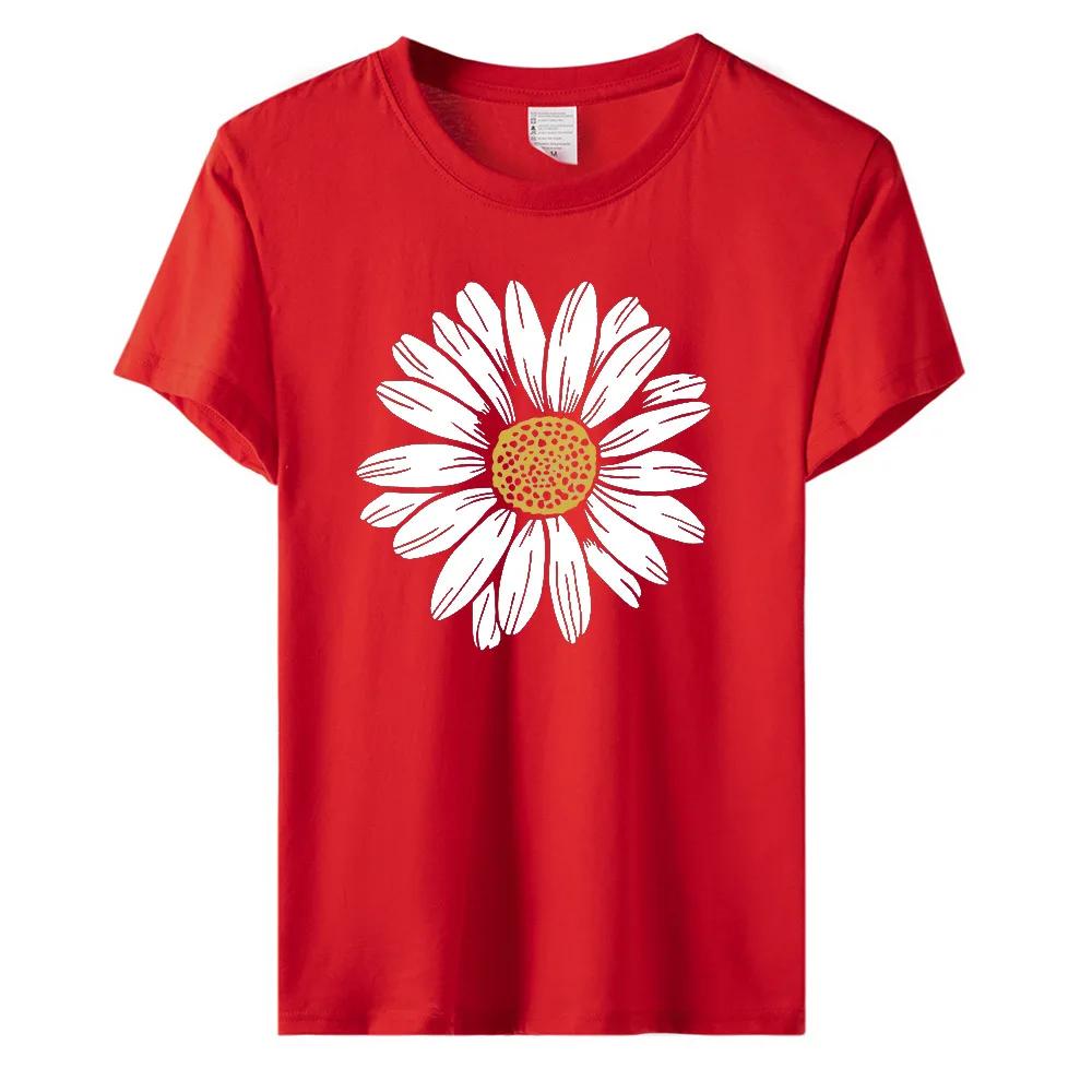 Womens Cotton Daisy Print Base Tshirt Loose round Neck Casual Short Sleeve Fashion Top Wholesale Clothing Summer
