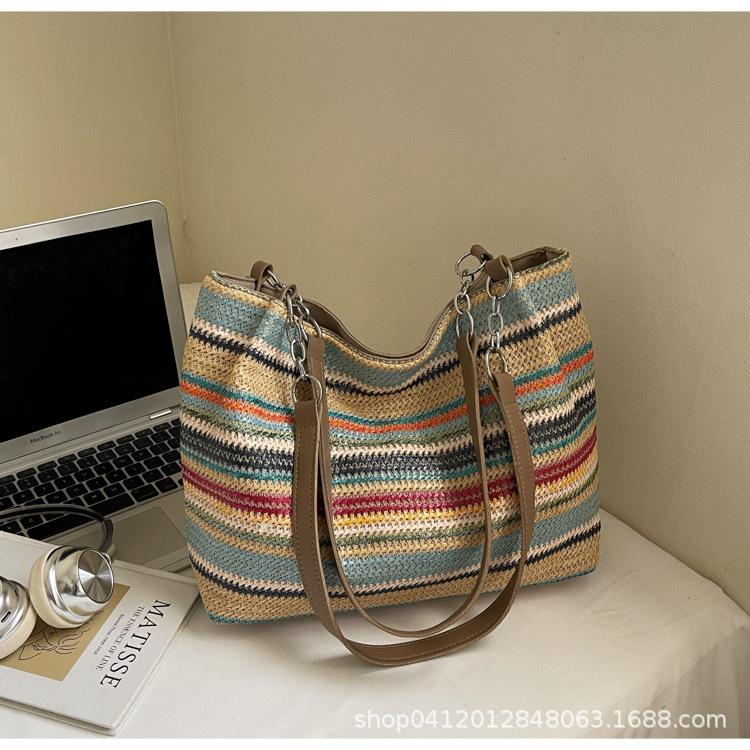 

2025 new shoulder bag women s striped contrasting color tote bag trendy fashion woven tote bag large capacity straw bag разноцветный