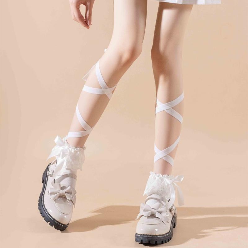 Women Japanese Ballet JK Sweet Ruffle Lace Cotton Crew Socks Elegant Ribbon Tie Bandage Solid Color Ankle Socks Hosiery