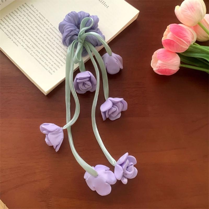 Elegant Floral Tulle Scrunchie With Fringe Detailing Headbands Rope Hair Band For Everyday Styling
