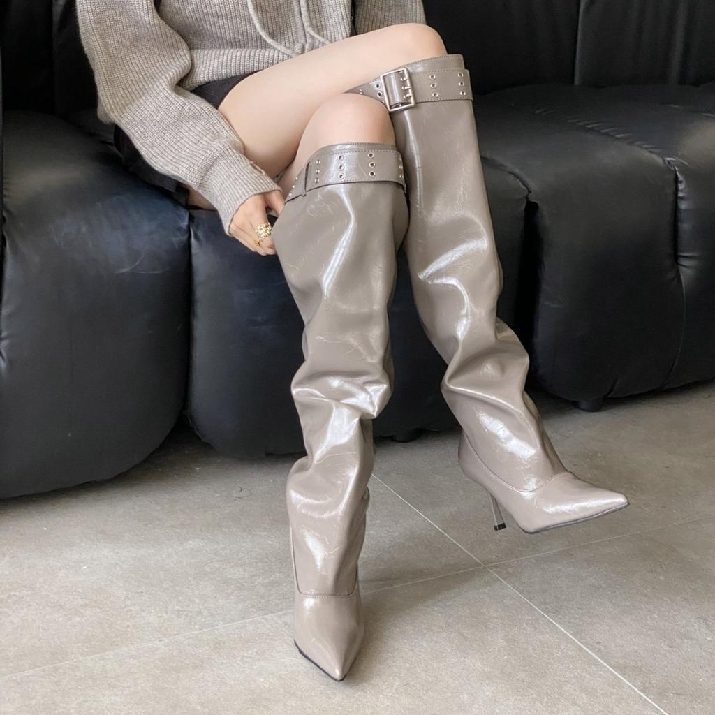 2025 Autumn and Winter New European and American Belt Buckle Pointed Head Thin Heel High Heel Temperament French Fashion Sexy Knee Boots