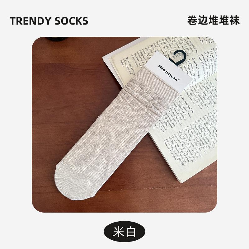 Socks Autumn Stacking Socks Mesh Breathable Crimped Boneless Cotton Socks Versatile Solid Color Medium Tube Socks Socks Industry