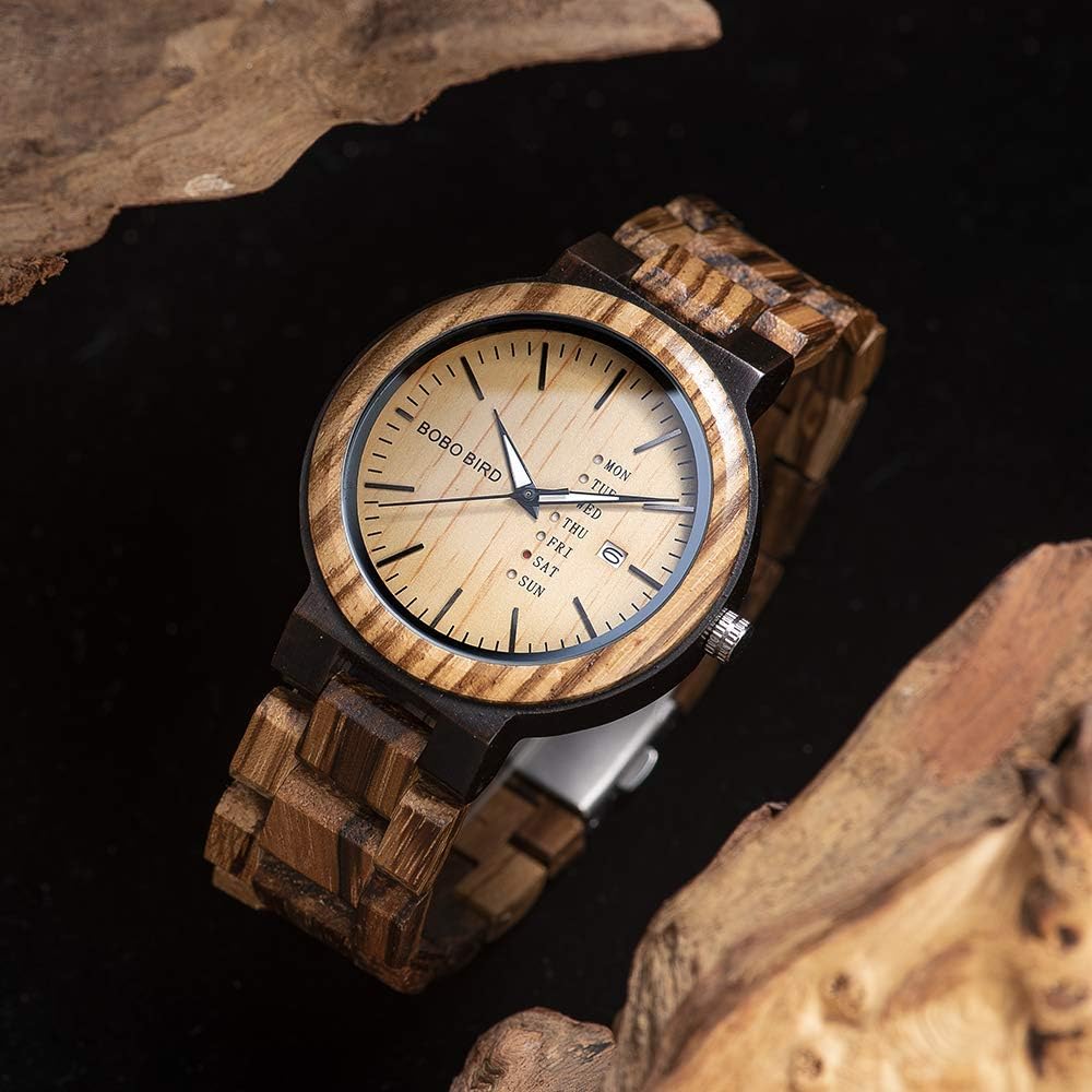 Bobo Bird Men's Wooden Watch Analog Quartz Date Display Lightweight Brown