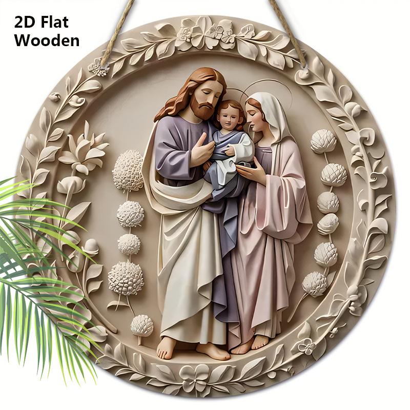 Nativity Scene Wooden Sign, Charming Jesus's Family Round Sign for Front Door Wall Church Hanging Decor, Ideal Christmas Gift for Christians