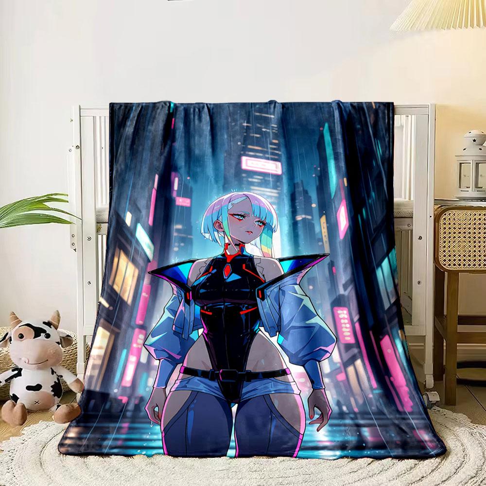 Neon-lit cyberpunk cityscape with futuristic attire and rain effects. for all seasons blanket lunch break throw gift 80cm x 120cm