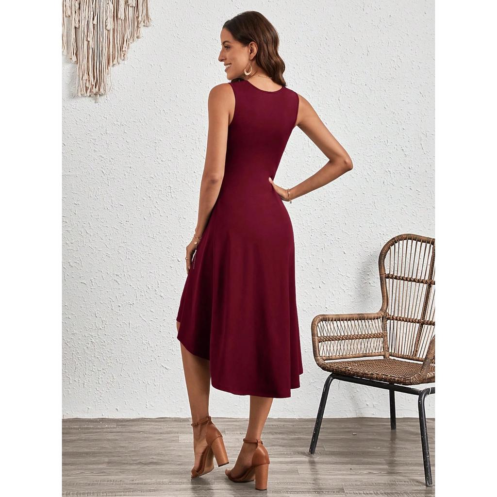 IHUASU Summer Women's Summer Fashion Sleeveless Solid Color A-line Crepe Mid-dress