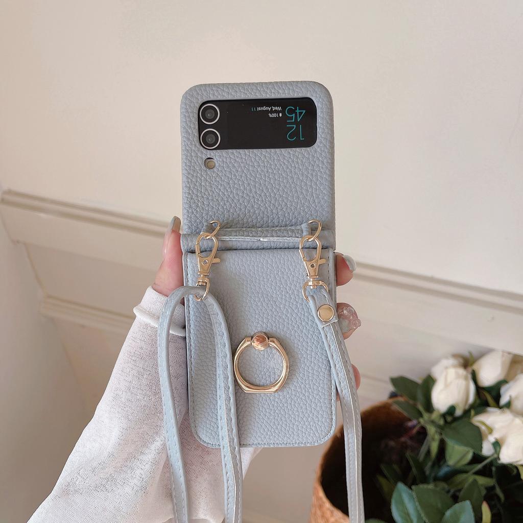 Applicable To Samsung ZFlip4 Folding Messenger Lychee Pattern Zflip3 Ring Mirror Card Bag Long Lanyard Protective Cover