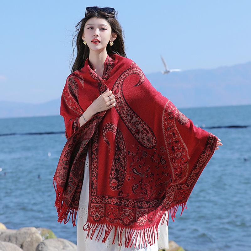 Ethnic Style Cashew Pattern Shawl Cloak Scarf: Imitation Cashmere, Thick, Dual-Purpose Women's Accessory for Autumn/Winter